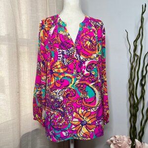 Lilly Pulitzer Elsa Silk Top Sea and Be Seen Pink Blue Blouse Women's Size Large